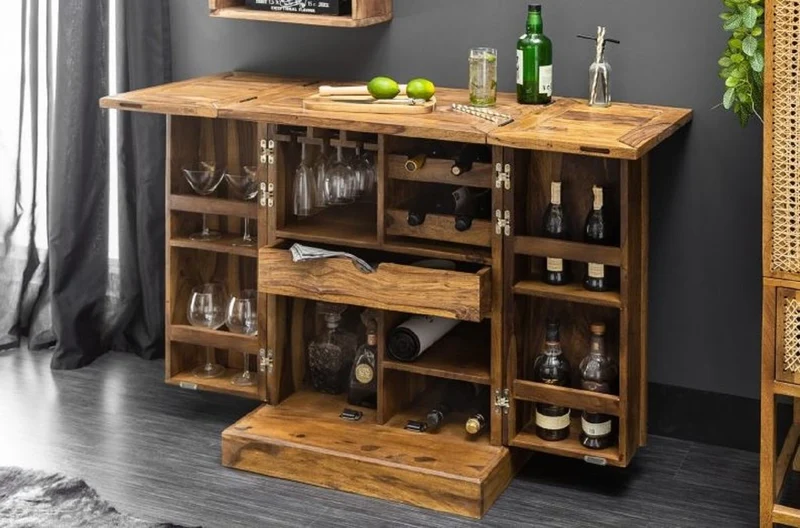 Casa Padrino Designer Barschrank Naturfarben / Braun 65-130 x 50 x H. 90 cm - Moderner Massivholz Weinschrank mit 2 Türen und Schublade - Barmöbel