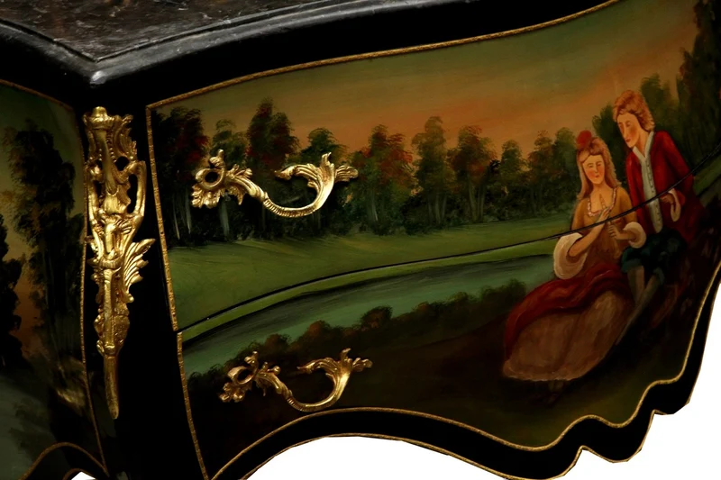 Casa Padrino Barock Kommode Schwarz mit handbemaltem Motiv / Gold 130 cm Metallapplikationen und Marmorplatte