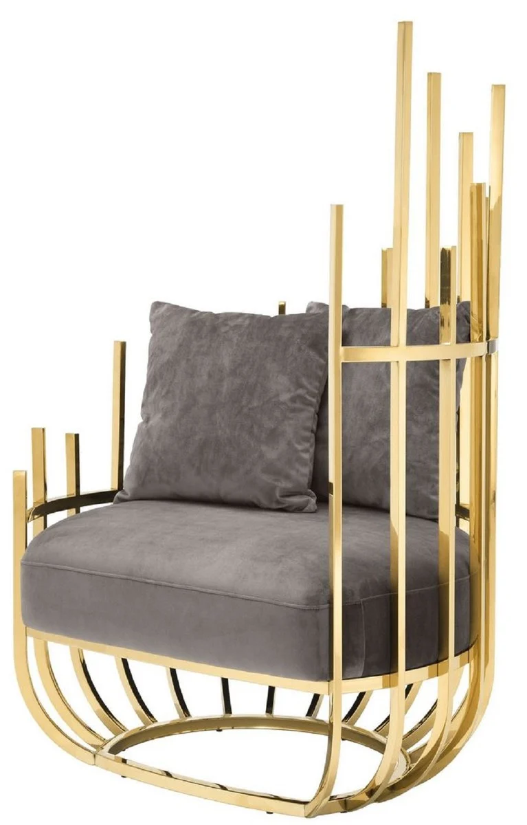 Casa Padrino Designer Sessel rechtsseitig mit 2 Kissen Grau / Gold 91,5 x 75 x H. 136,5 cm - Designer Wohnzimmer Möbel - Luxus Qualität