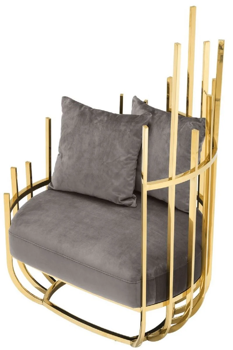 Casa Padrino Designer Sessel rechtsseitig mit 2 Kissen Grau / Gold 91,5 x 75 x H. 136,5 cm - Designer Wohnzimmer Möbel - Luxus Qualität