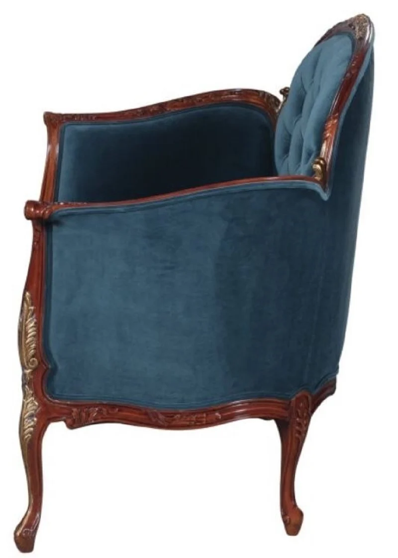 Casa Padrino Barock Samt Sofa Blau / Braun / Messingfarben 125 x 73,5 x H. 92,5 cm - Möbel im Barockstil