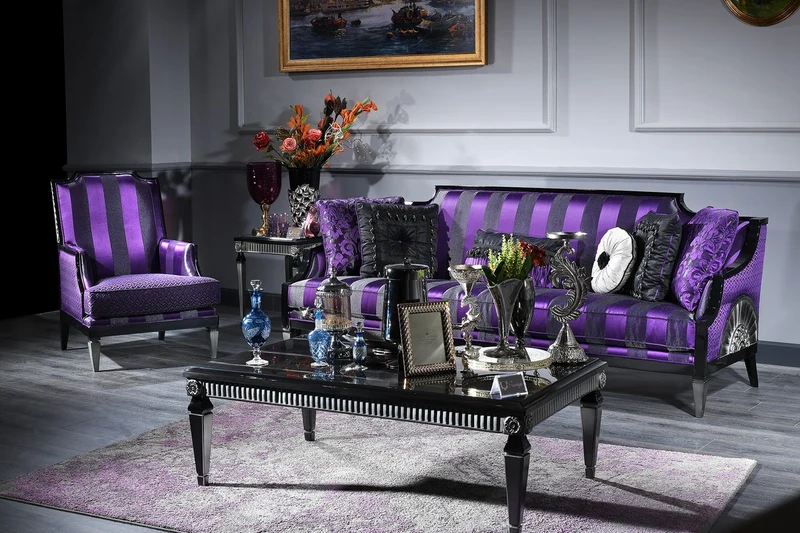 Casa Padrino Luxus Barock Wohnzimmer Set Lila / Schwarz / Silber - 1 Sofa & 1 Sessel & 1 Couchtisch & 1 Beistelltisch - Barockmöbel