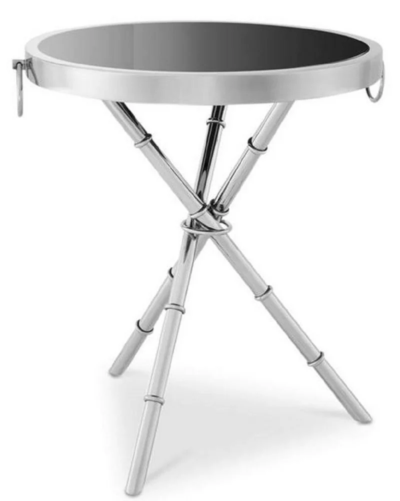 Casa Padrino Luxus Beistelltisch Silber / Schwarz Ø 55 x H. 44 cm - Runder Metall Tisch mit Glasplatte - Wohnzimmermöbel