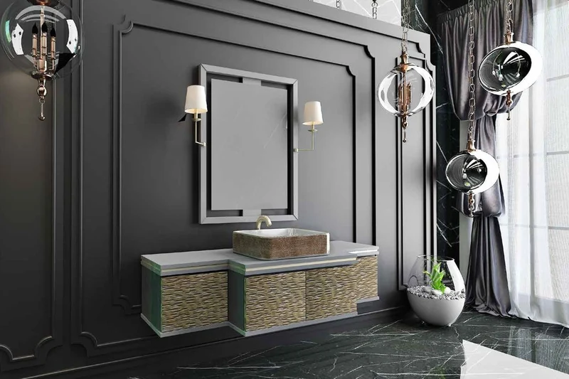 Casa Padrino Luxus Badezimmer Set Grau / Gold / Schwarz - 1 Waschtisch mit 4 Türen und 1 Waschbecken und 1 Wandspiegel mit 2 Wandleuchten - Luxus Kollektion