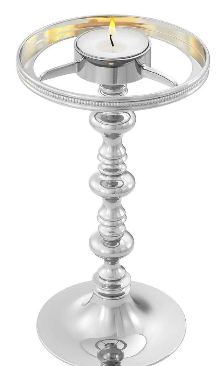 Casa Padrino Luxus Messing Teelichthalter mit Lampenschirm Silber Ø 16 x H. 39 cm - Deko Accessoires