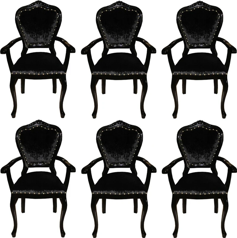 Casa Padrino Luxus Barock Esszimmer Set Schwarz / Schwarz 60 x 47 x H. 99 cm - 6 handgefertigte Esszimmerstühle mit Armlehnen - Barock Esszimmermöbel