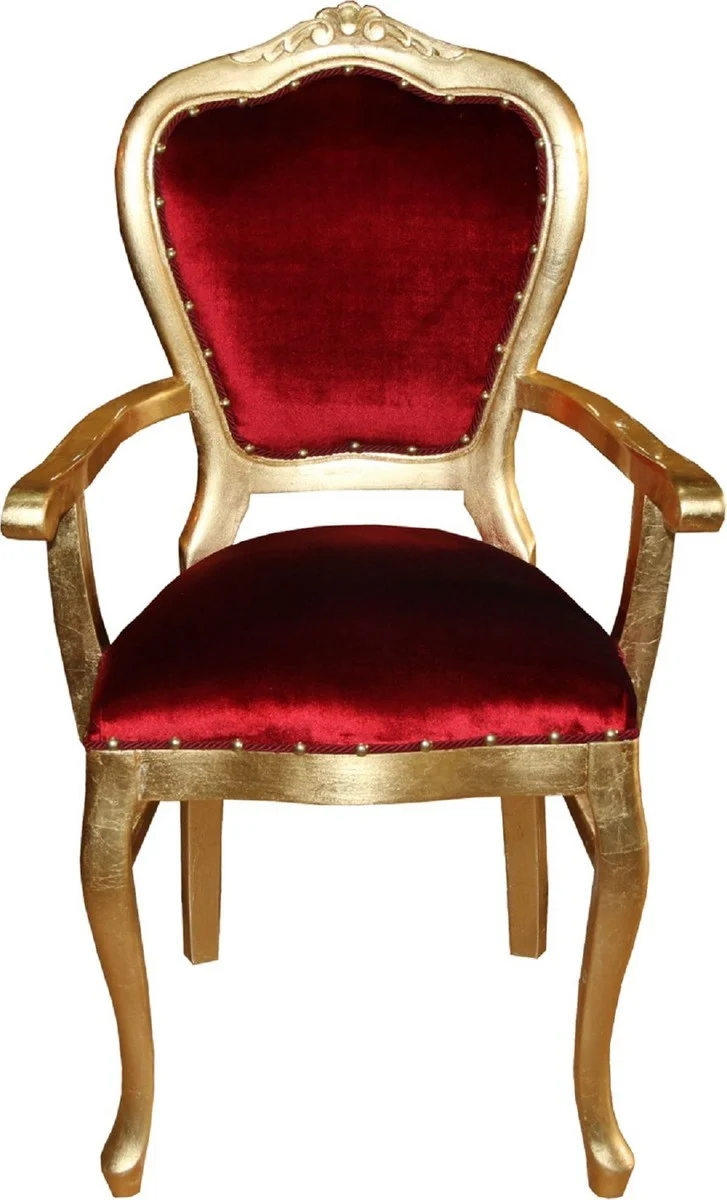 Casa Padrino Luxus Barock Esszimmer Set Bordeauxrot / Gold 60 x 47 x H. 99 cm - 4 handgefertigte Esszimmerstühle mit Armlehnen - Barock Esszimmermöbel
