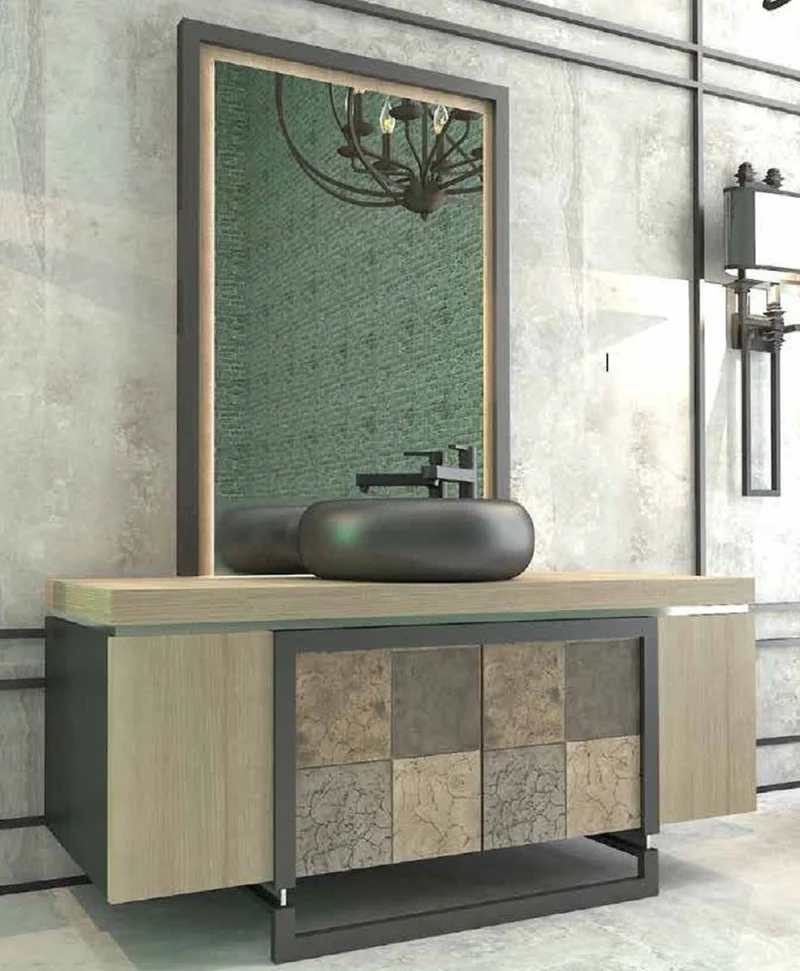 Casa Padrino Luxus Badezimmer Set Naturfarben / Mehrfarbig / Schwarz - 1 Waschtisch mit 4 Türen und 1 Waschbecken und 1 Wandspiegel - Luxus Qualität