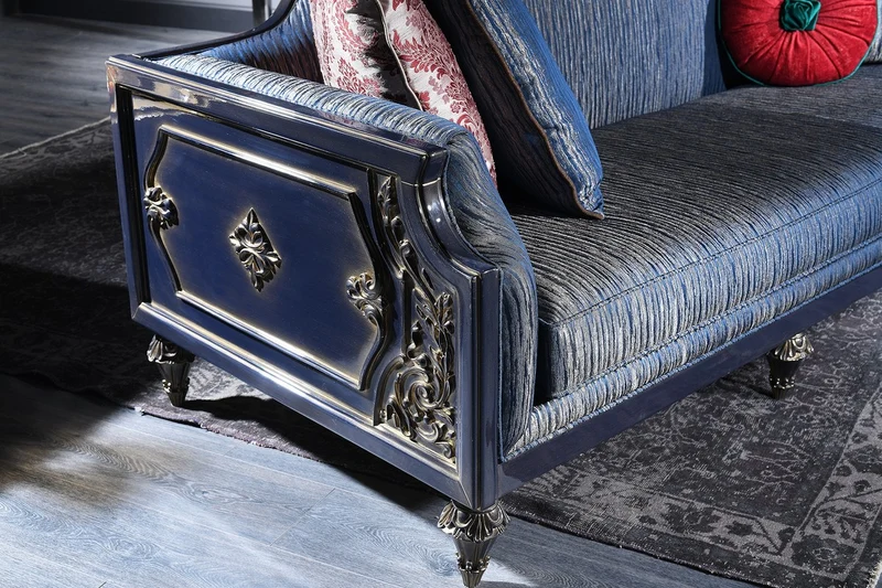 Casa Padrino Luxus Barock Sofa Blau / Gold / Schwarz 240 x 88 x H. 85 cm - Barock Wohnzimmermöbel