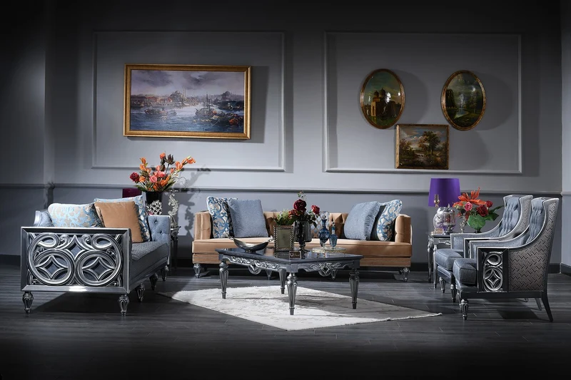 Casa Padrino Luxus Barock Chesterfield Wohnzimmer Sessel Blau / Grau / Silber 77 x 76 x H. 100 cm - Barockmöbel