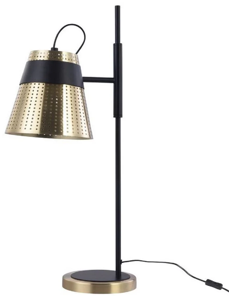 Casa Padrino Tischleuchte Antik Gold / Schwarz 17,5 x 26 x H. 55,5 cm - Moderne Tischlampe mit Lampenschirm aus perforiertem Metall