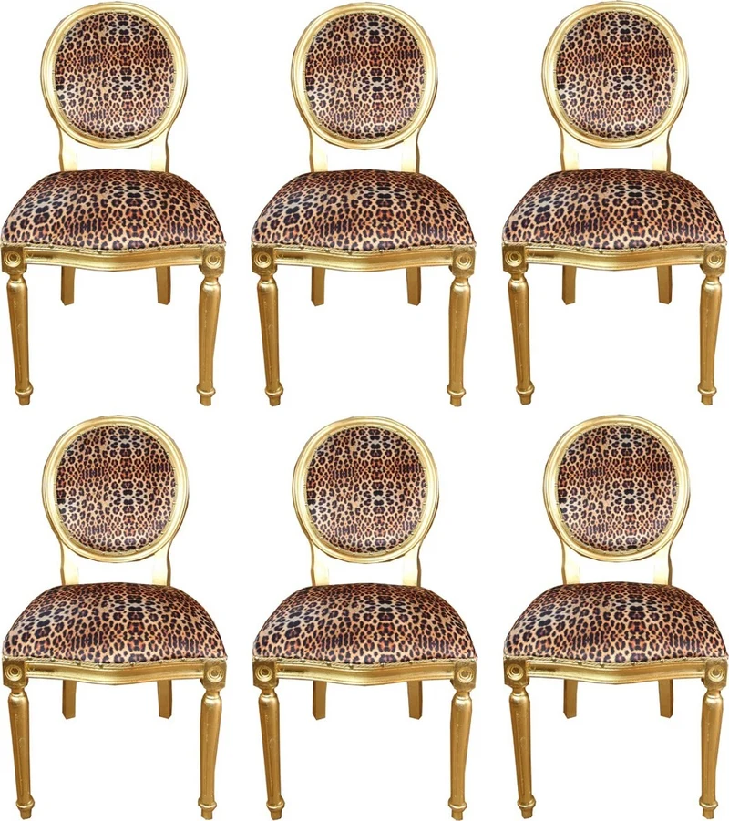 Casa Padrino Luxus Barock Esszimmer Set Medaillon Leopard / Gold 50 x 52 x H. 99 cm - 6 handgefertigte Esszimmerstühle - Barock Esszimmermöbel