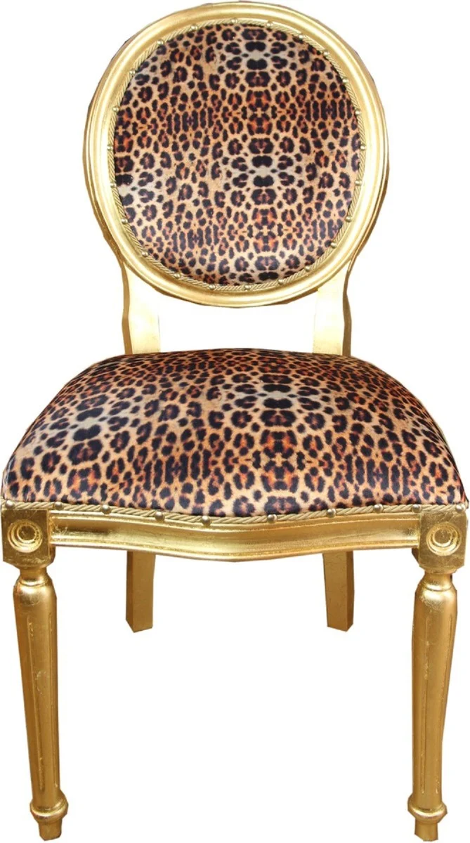 Casa Padrino Luxus Barock Esszimmer Set Medaillon Leopard / Gold 50 x 52 x H. 99 cm - 6 handgefertigte Esszimmerstühle - Barock Esszimmermöbel