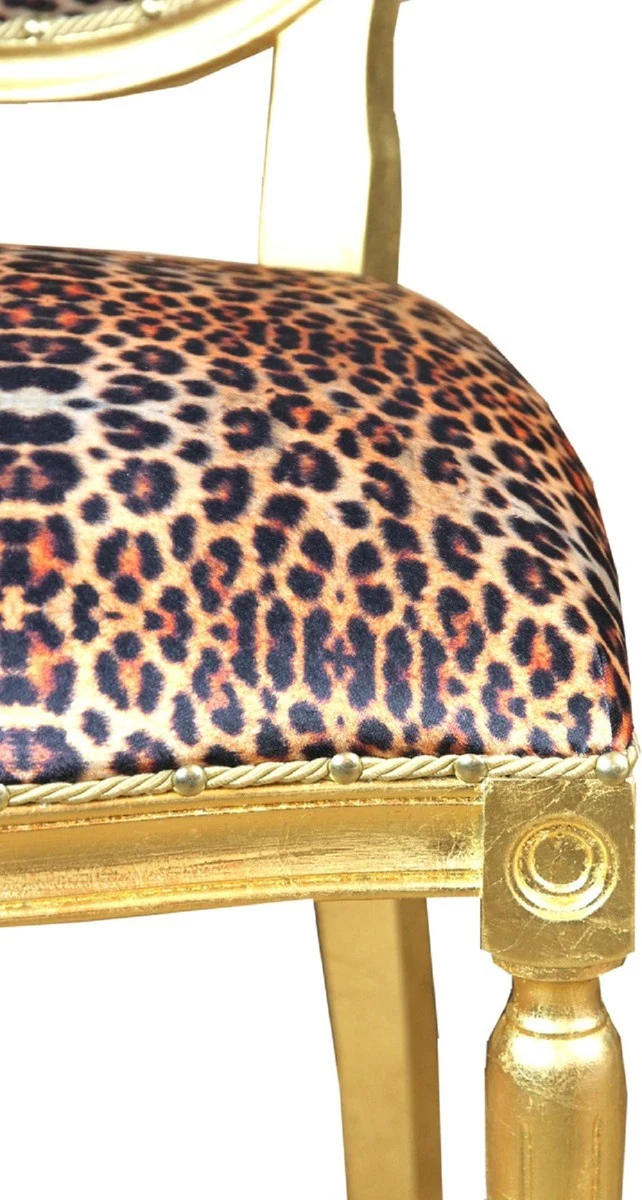 Casa Padrino Luxus Barock Esszimmer Set Medaillon Leopard / Gold 50 x 52 x H. 99 cm - 6 handgefertigte Esszimmerstühle - Barock Esszimmermöbel