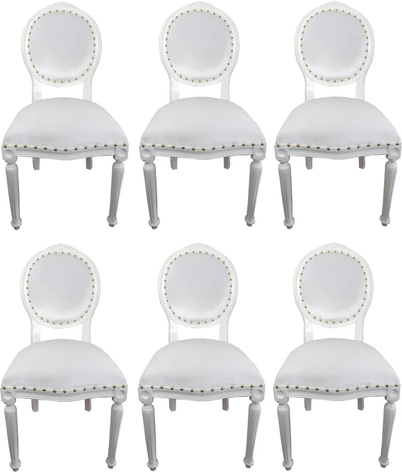 Casa Padrino Luxus Barock Esszimmer Set Medaillon Weiß 50 x 52 x H. 99 cm - 6 handgefertigte Esszimmerstühle - Barock Esszimmermöbel