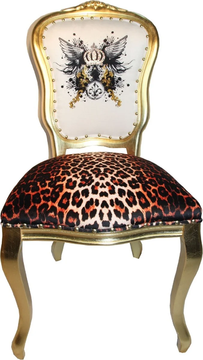 Pompöös by Casa Padrino Luxus Barock Esszimmerstühle Glitzerkrone & Engelsflügel Leopard / Weiß / Gold 50 x 60 x H.104 cm - Pompööse Barock Stühle designed by Harald Glööckler - 4 Esszimmerstühle