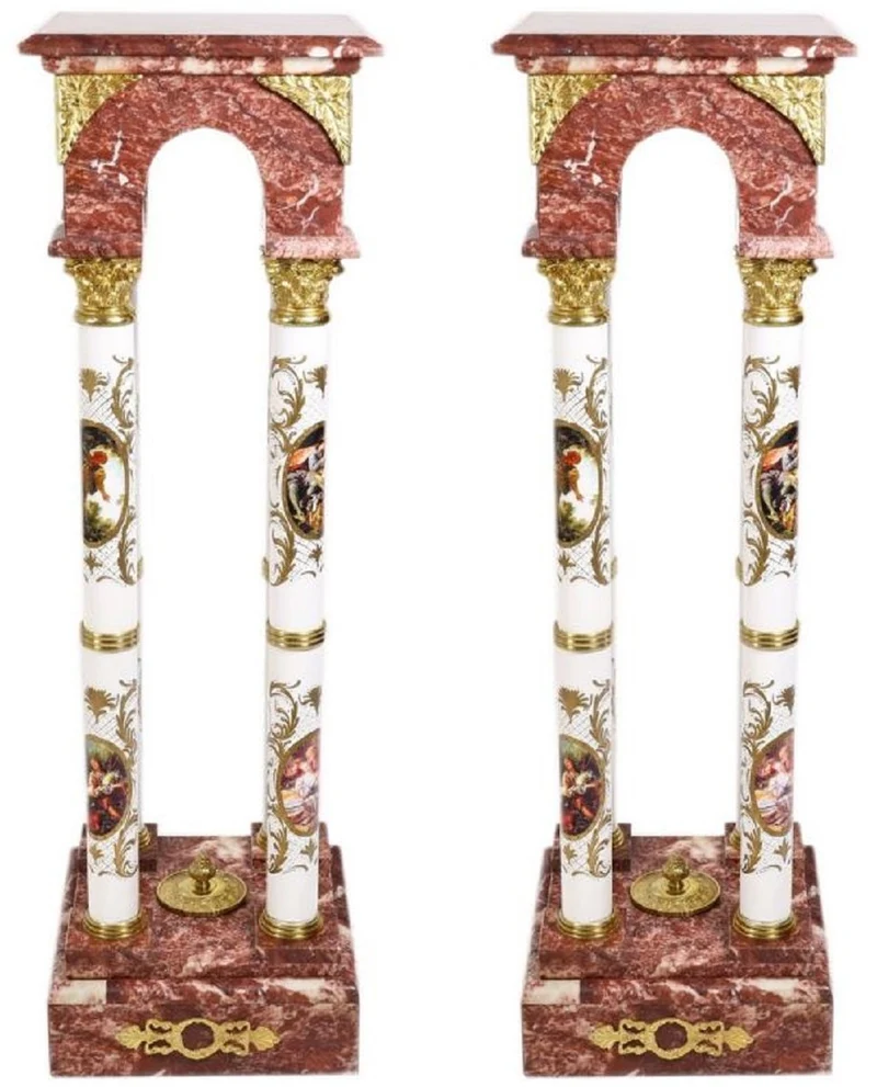 Casa Padrino Barock Marmorsäulen Set Rot / Weiß / Gold - Elegantes Säulen Set im Barockstil