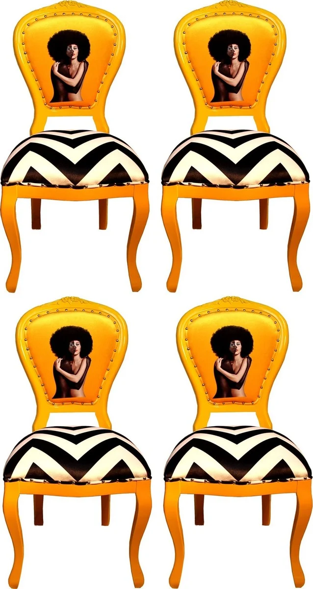 Casa Padrino Luxus Barock Esszimmer Set Schwarz / Weiß Streifen / Gelb 55 x 54 x H. 103 cm - 4 handgefertigte Designer Esszimmerstühle - Barock Esszimmermöbel
