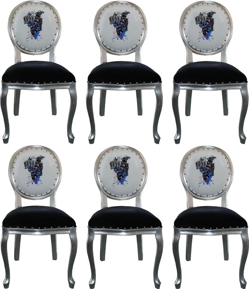 Pompöös by Casa Padrino Luxus Barock Esszimmerstühle Schwarz / Weiß / Silber 50 x 60 x H. 104 cm - Pompööse Barock Stühle designed by Harald Glööckler - 6 Esszimmerstühle