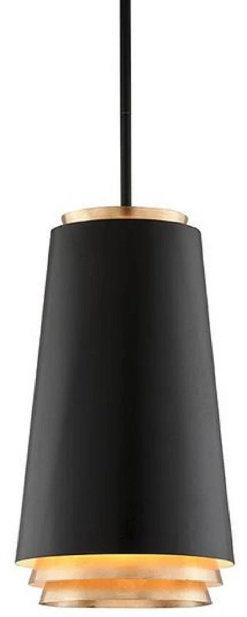 Casa Padrino Luxus LED Hängeleuchte Schwarz / Gold Ø 31,8 x H. 55,9 cm - Runde Metall Pendelleuchte mit Blattgold