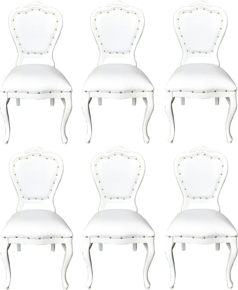 Casa Padrino Luxus Barock Esszimmer Set Weiß / Weiß 45 x 47 x H. 99 cm - 6 handgefertigte Esszimmerstühle mit Kunstleder - Barock Esszimmermöbel