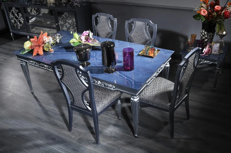 Casa Padrino Luxus Barock Esszimmer Set Blau / Grau / Silber - Esstisch und 4 Esszimmerstühle - Barock Esszimmermöbel