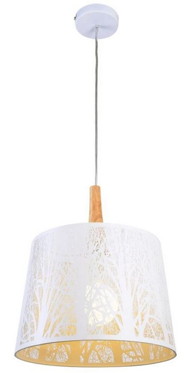 Casa Padrino Hängeleuchte Weiß / Naturfarben Ø 35 x H. 40 cm - Hängelampe mit schablonengestanzte Baumsilhouetten