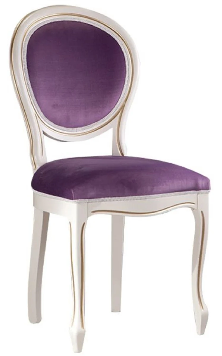 Casa Padrino Luxus Barock Esszimmerstuhl Weiß / Gold / Lila 47 x 42 x H. 98,5 cm - Barock Esszimmermöbel
