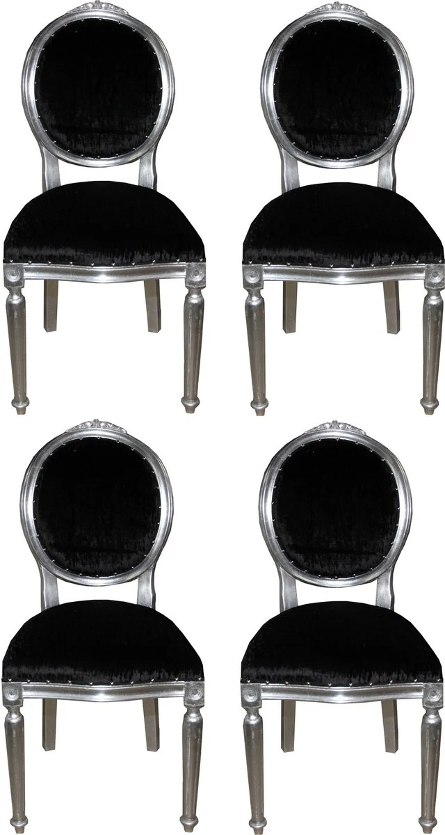 Casa Padrino Luxus Barock Esszimmer Set Medaillon Schwarz / Silber 50 x 52 x H. 99 cm - 4 handgefertigte Esszimmerstühle - Barock Esszimmermöbel