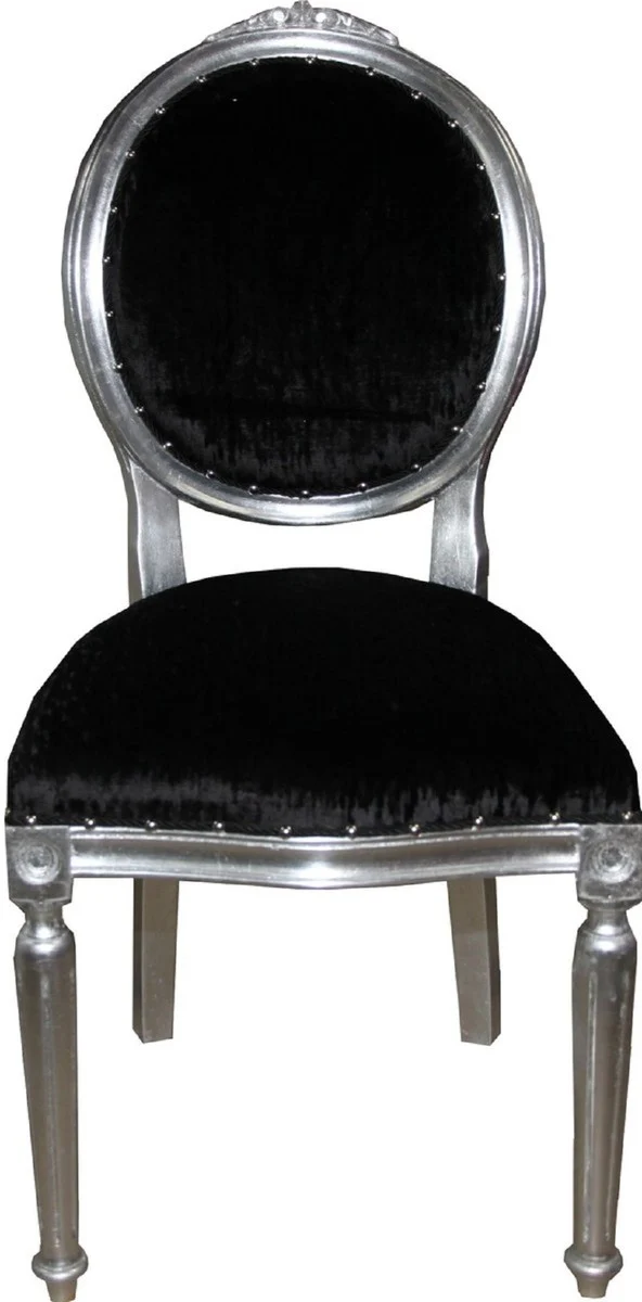 Casa Padrino Luxus Barock Esszimmer Set Medaillon Schwarz / Silber 50 x 52 x H. 99 cm - 4 handgefertigte Esszimmerstühle - Barock Esszimmermöbel