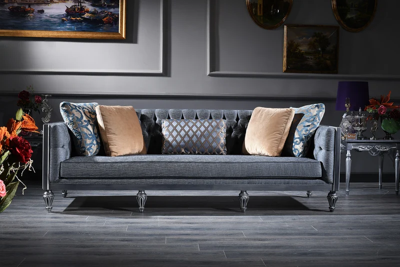 Casa Padrino Luxus Barock Chesterfield Sofa Blau / Silber 250 x 92 x H. 85 cm - Wohnzimmermöbel im Barockstil