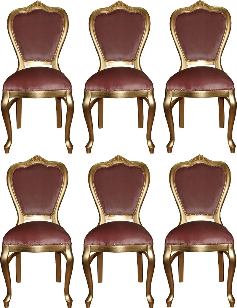 Casa Padrino Luxus Barock Esszimmer Set Rosa / Gold 45 x 46 x H. 99 cm - 6 handgefertigte Esszimmerstühle - Barock Esszimmermöbel