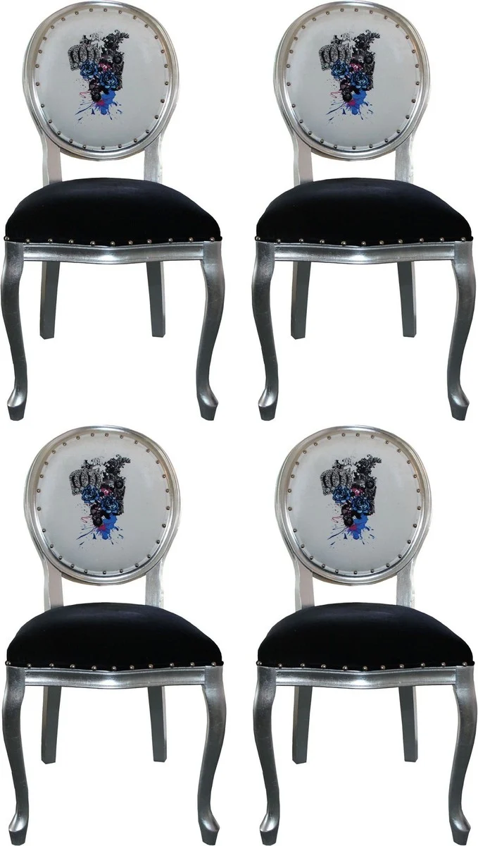 Pompöös by Casa Padrino Luxus Barock Esszimmerstühle Schwarz / Weiß / Silber 50 x 60 x H. 104 cm - Pompööse Barock Stühle designed by Harald Glööckler - 4 Esszimmerstühle