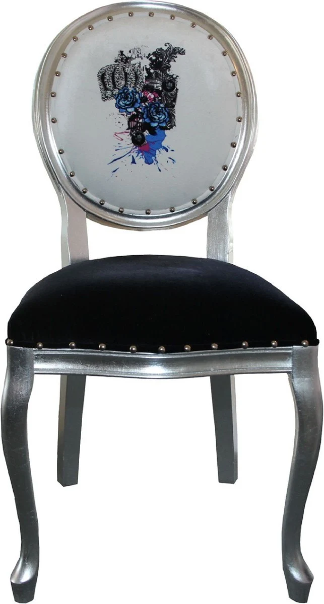 Pompöös by Casa Padrino Luxus Barock Esszimmerstühle Schwarz / Weiß / Silber 50 x 60 x H. 104 cm - Pompööse Barock Stühle designed by Harald Glööckler - 4 Esszimmerstühle