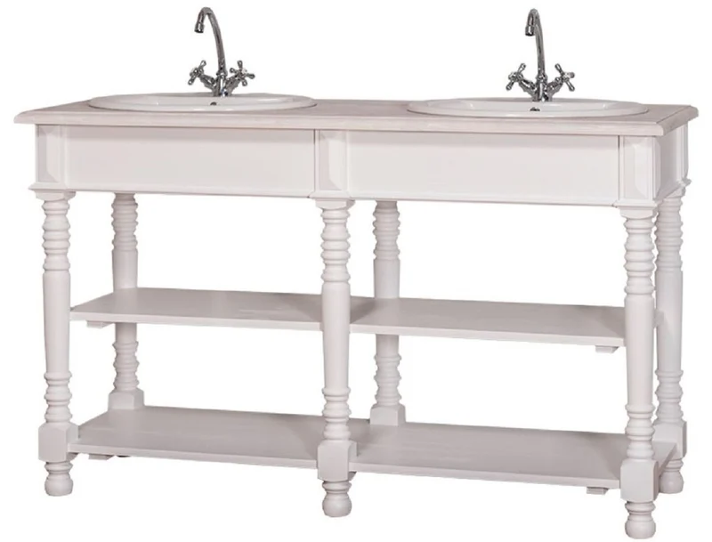 Casa Padrino Landhausstil Doppel Waschbeckenschrank Weiß / Hellgrau 150 x 54 x H. 90 cm - Massivholz Waschtisch - Badezimmermöbel im Landhausstil