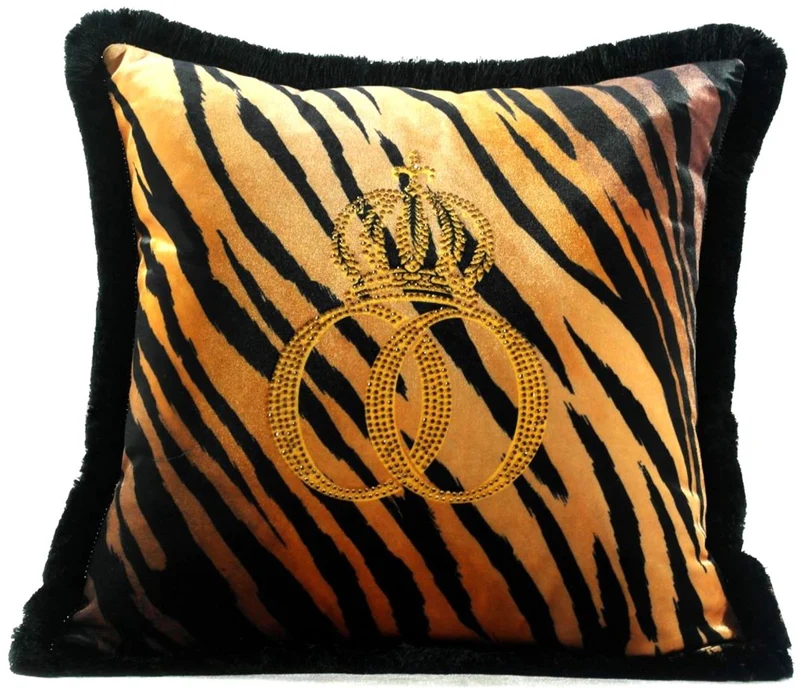 Harald Glööckler Luxus Deko Kissen Pompöös by Casa Padrino Krone Deluxe Tiger mit Strass Steinen Schwarz / Orange / Gold - Feinster Samtstoff - Glööckler Kissen
