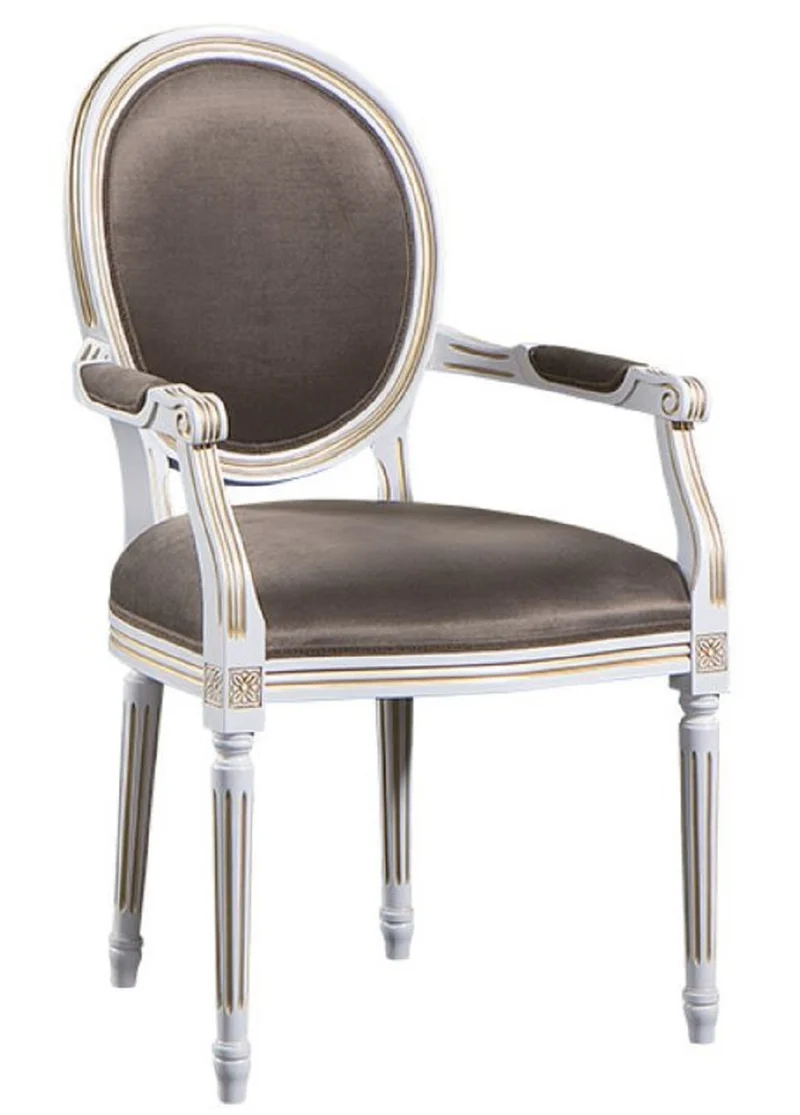 Casa Padrino Luxus Barock Esszimmer Set Weiß / Gold / Grau 59 x 43,5 x H. 98 cm - 4 Esszimmerstühle mit Armlehnen - Esszimmermöbel