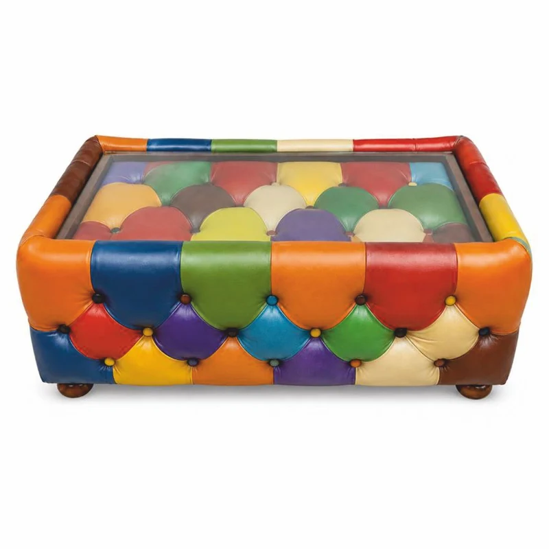 Casa Padrino Luxus Chesterfield Patchwork Echtleder Couchtisch mit Glasplatte Bunt / Dunkelbraun 120 cm - Patchwork Wohnzimmer Leder Möbel
