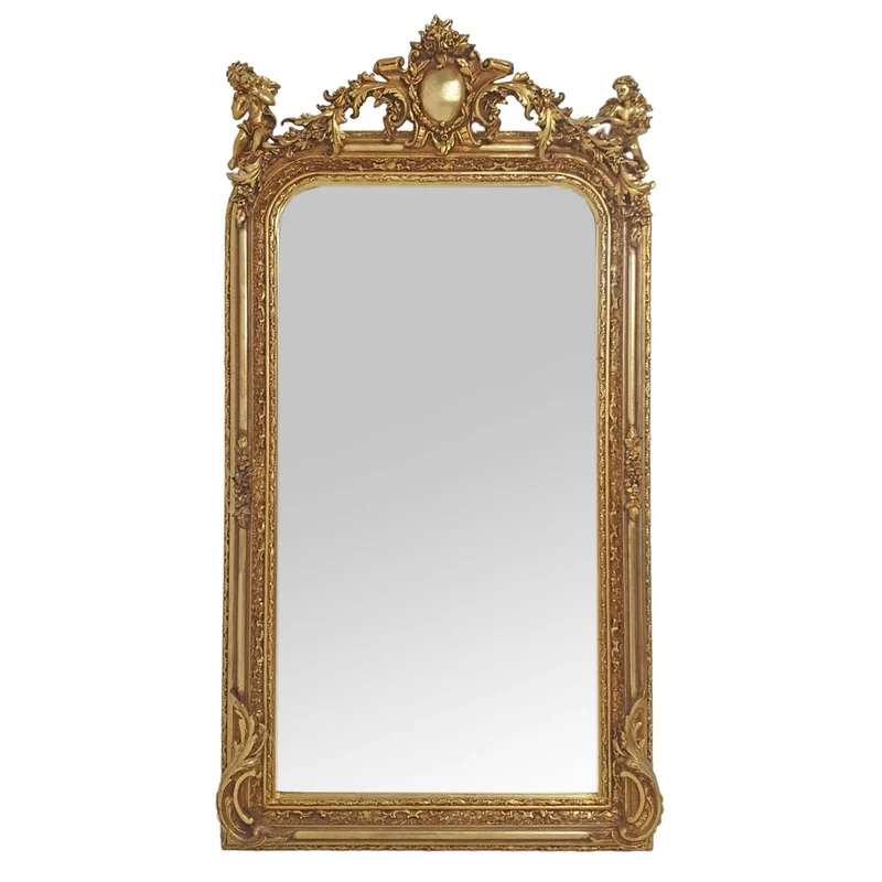 Casa Padrino Barock Spiegel Gold 85 x H. 160 cm - mit Kartusche und Engeln - Prunkvoller Wandspiegel im Barockstil - Antik Stil Garderoben Spiegel - Wohnzimmer Spiegel - Barock Möbel