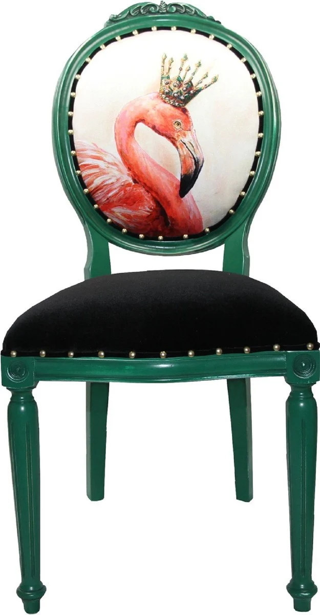 Casa Padrino Luxus Barock Esszimmer Set Flamingo mit Krone Grün / Schwarz / Mehrfarbig 48 x 50 x H. 98 cm - 6 handgefertigte Esszimmerstühle mit Bling Bling Glitzersteinen - Barock Esszimmermöbel