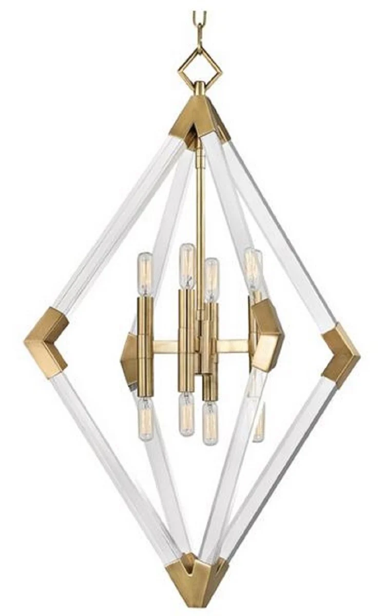 Casa Padrino Luxus Hängeleuchte Antik Messingfarben 59,7 x 59,7 x H. 83,8 cm - Pendelleuchte mit Acryl-Diamantrahmen und Metallakzenten