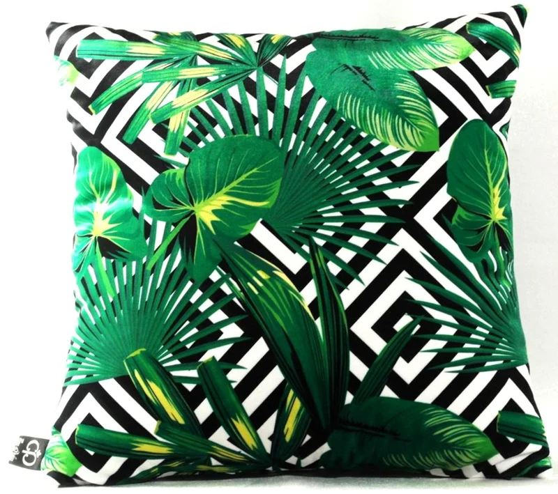 Casa Padrino Luxus Kissen Miami Palm Leaves Schwarz / Weiß / Grün 45 x 45 cm - Feinster Samtstoff - Deko Wohnzimmer Kissen