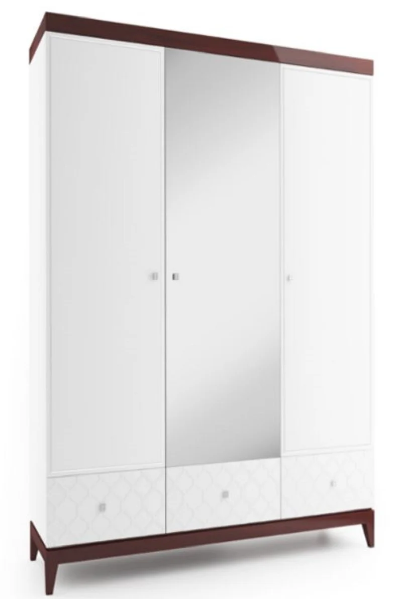 Casa Padrino Luxus Kleiderschrank Weiß / Hochglanz Braun 171,4 x 60 x H. 205 cm - Massivholz Schlafzimmerschrank mit Spiegel - Schlafzimmermöbel