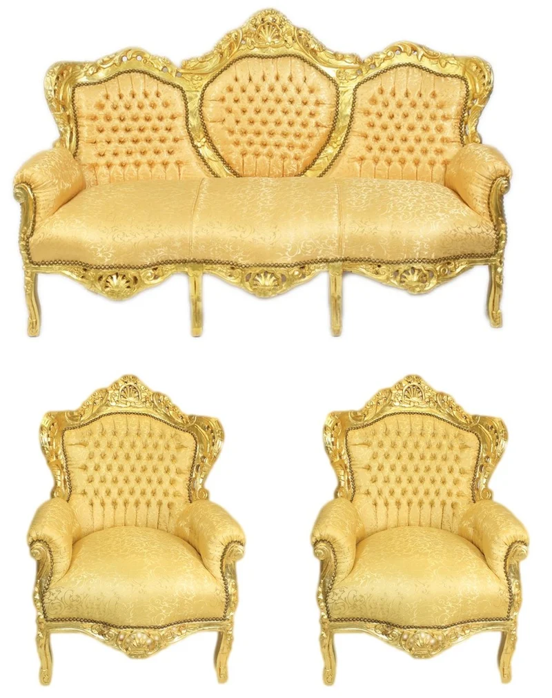 Casa Padrino Barock Wohnzimmer Set Gold Muster / Gold - 3er Sofa + 2 Sessel