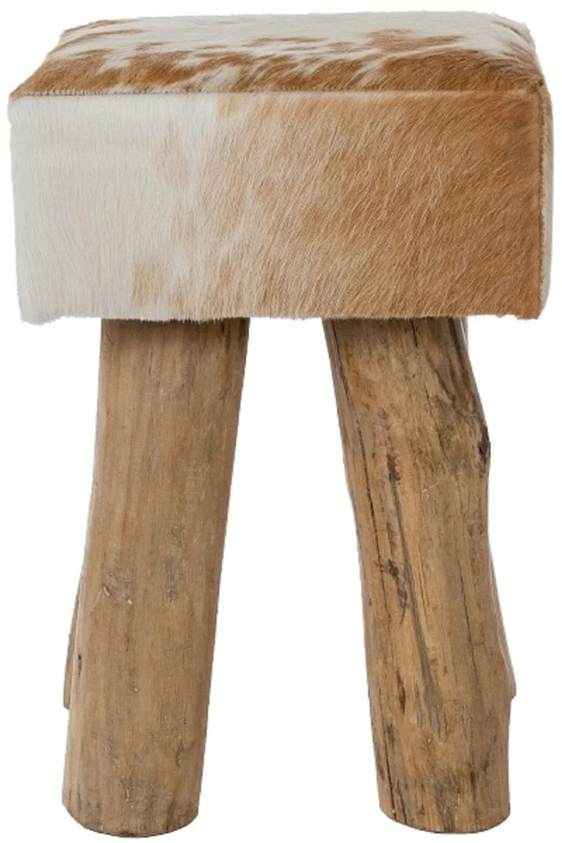 Casa Padrino Landhausstil Fellhocker Braun / Weiß / Naturfarben 30 x 30 x H. 45 cm - Sitzhocker mit Massivholz Beinen