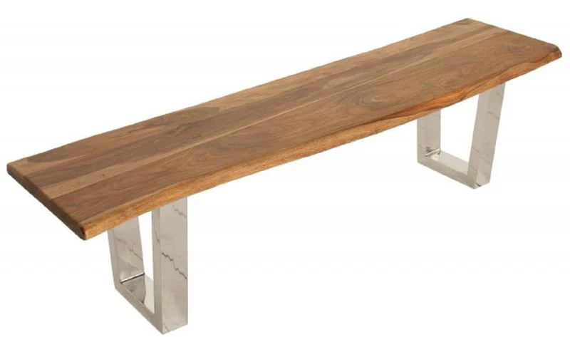 Casa Padrino Designer Sitzbank Braun / Silber 180 x 45 x H. 45 cm - Luxus Sitzbank mit massivem Sheesham Holz und polierten Edelstahl Beinen