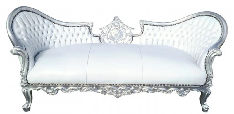 Casa Padrino Barock Sofa Vampire Weiß / Silber 200 x 75 x H. 82 cm - Handgefertigte Lounge Couch mit Lederoptik - Limited Edition - Barockmöbel