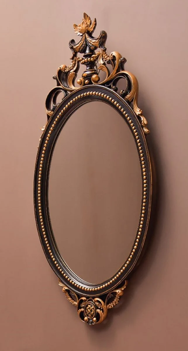Casa Padrino Luxus Barock Spiegel Schwarz / Gold H. 102 cm - Ovaler Barockstil Wandspiegel - Made in Italy