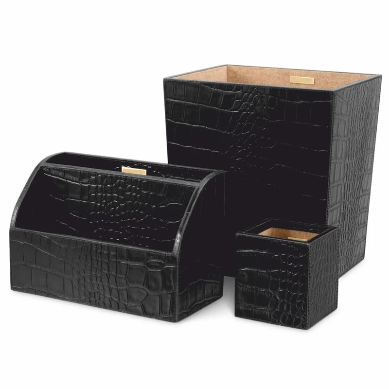 Casa Padrino Luxus Echtleder Schreibtisch Set Schwarz - Schreibtisch Accessoires