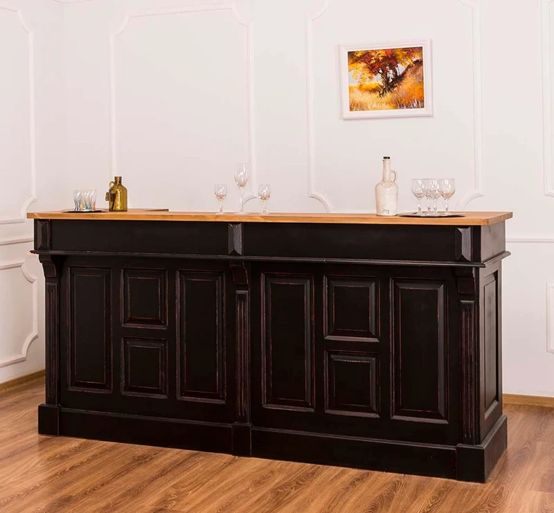 Casa Padrino Landhausstil Thekenschrank Antik Schwarz / Naturfarben 240 x 65 x H. 107 cm - Ladentheke mit Schubladen und Ablagefächer